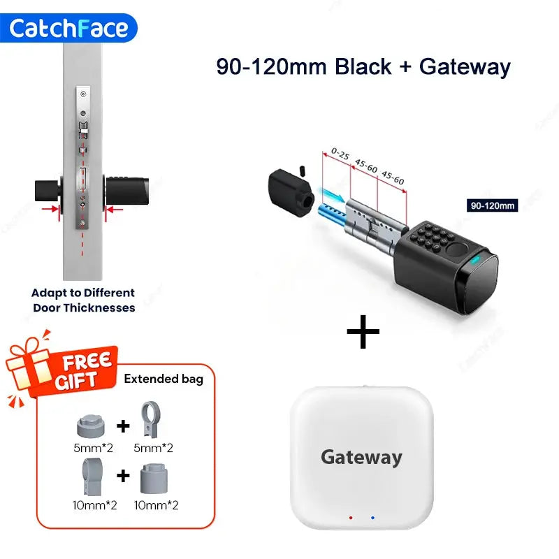 CatchFace smart door lock cylinder and gateway two-piece set, 90–120mm black, with gift accessories