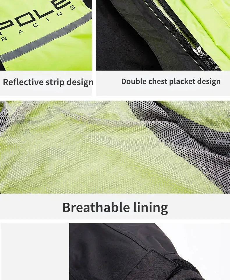 POLE motorcycle raincoat set by Simples Market; neon yellow waterproof gear with reflective stripes and breathable lining.