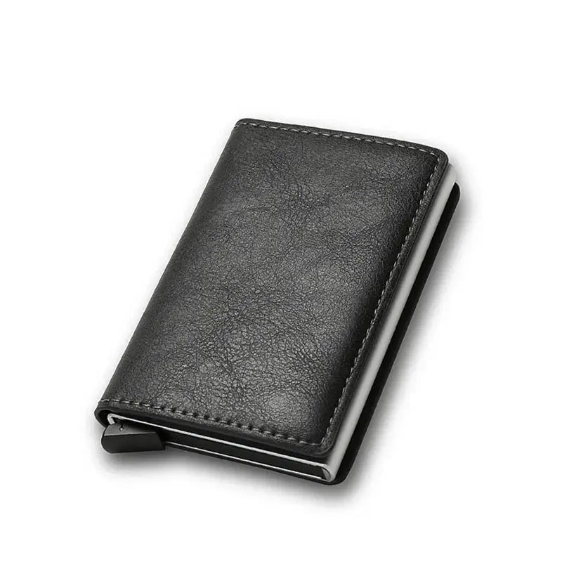 Anti-theft RFID cardholder wallet in black leather, slim minimalist design with zippered pocket