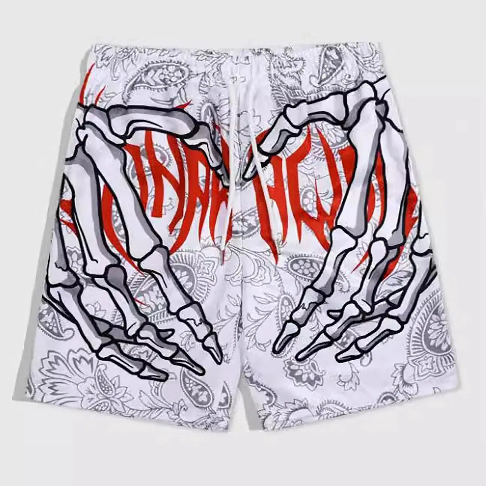 Men's board shorts with elastic waist, white background and bold black skeleton hand prints with red accents
