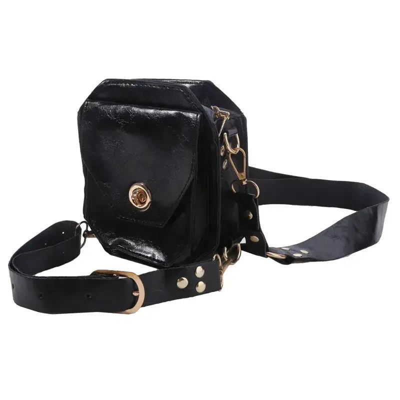 Punk Retro PU waist bag by Simples Market, black small square hip pack with crossbody strap and gold hardware.