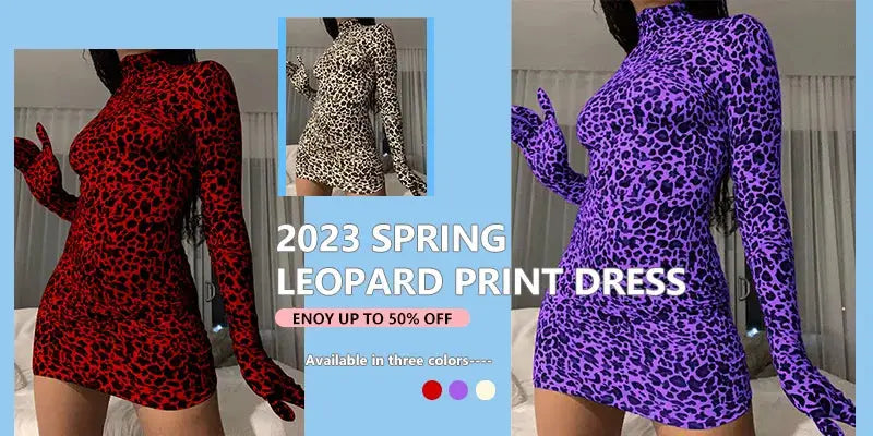 Three leopard print mini dresses in red, beige, and purple on a blue collage background.