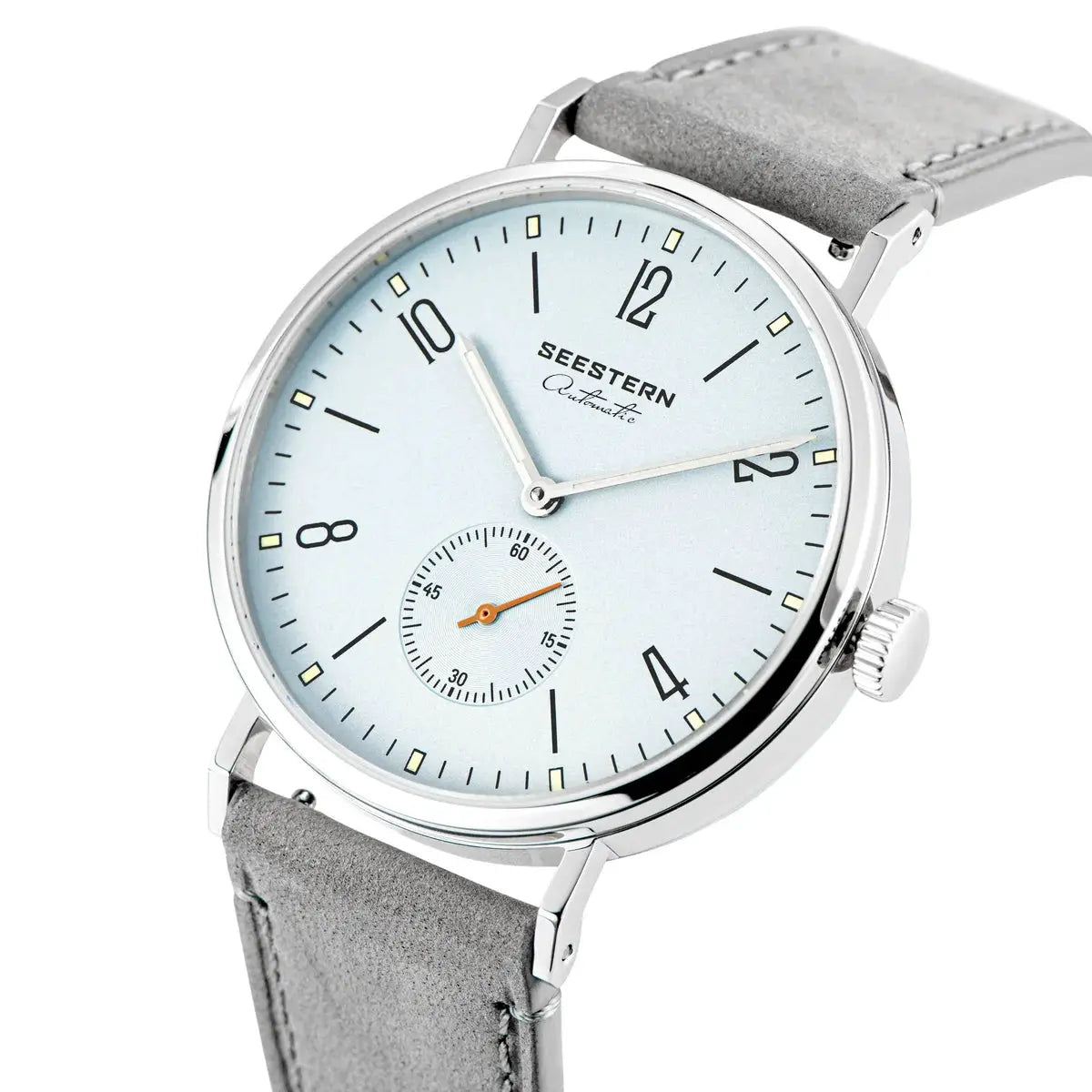 SEESTERN men's automatic wristwatch with light blue dial, silver case, and grey leather strap