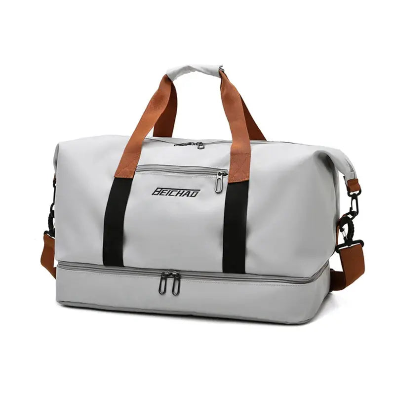 Expandable travel duffle bag, light gray with brown handles and black straps, HEICHAD brand