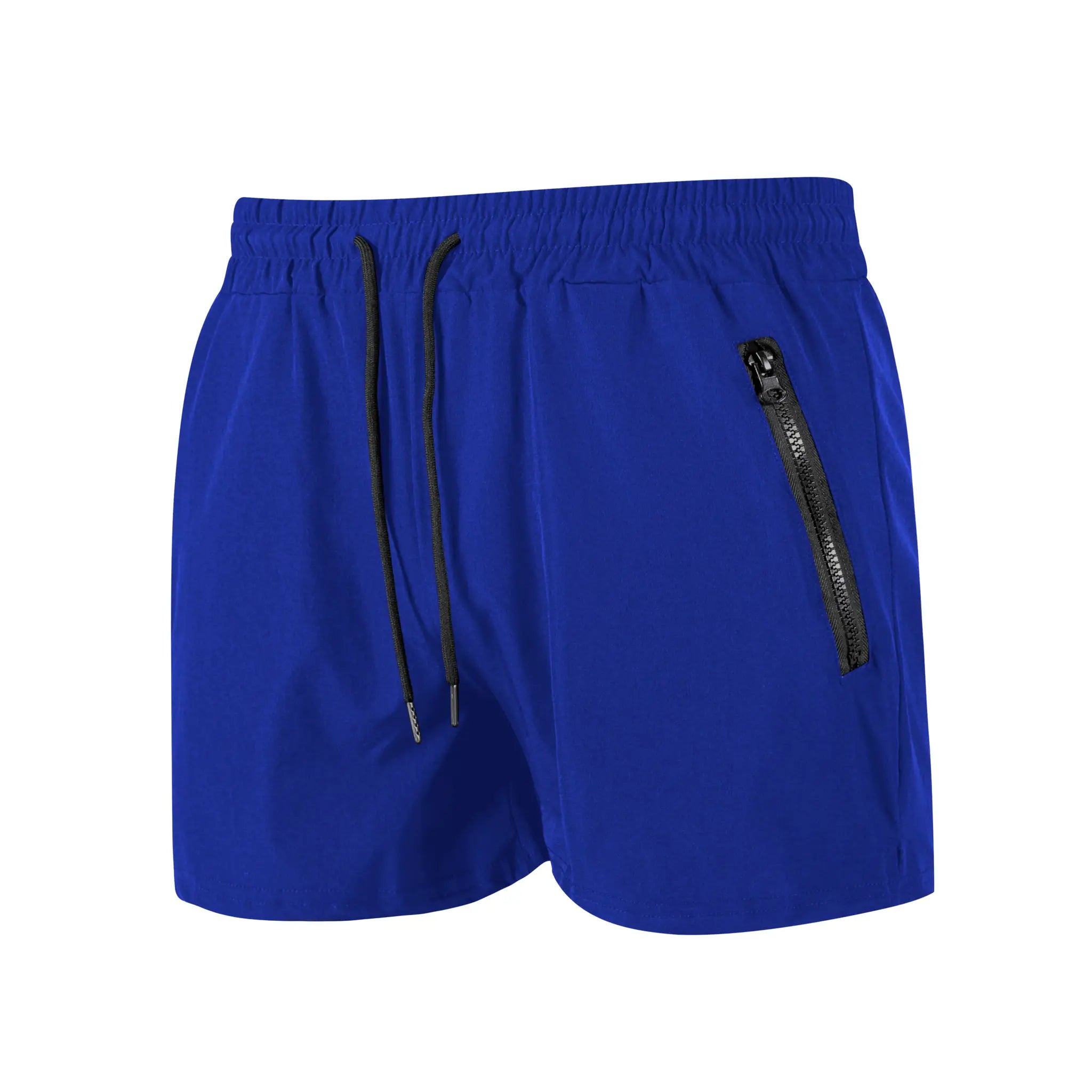 Men's blue swim shorts by Simples Market with black drawstrings and a zippered pocket