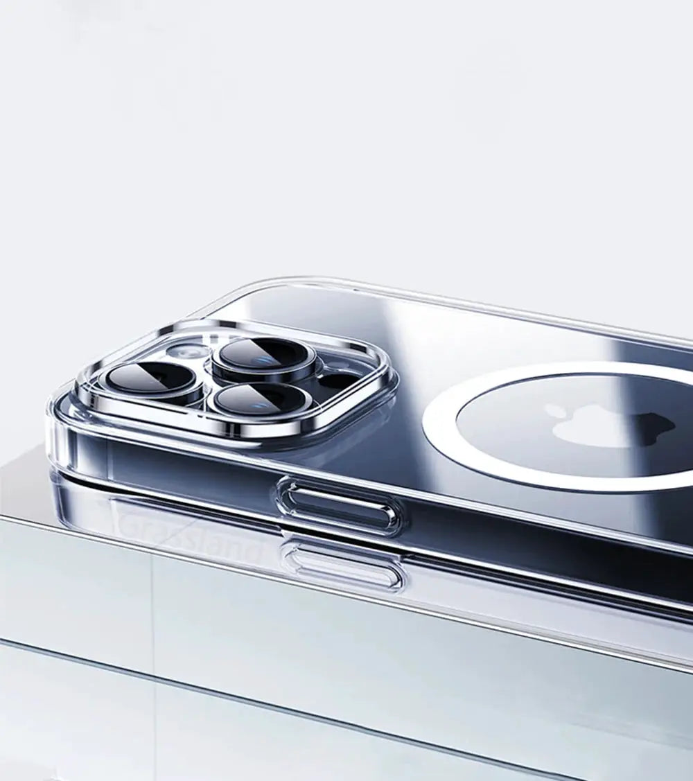Luxury Magnetic Wireless MagSafe charger for iPhone with transparent back cover; Apple logo visible