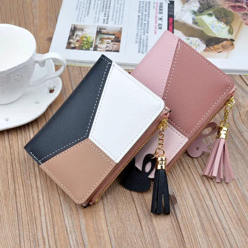 Simples Market PU leather fashion wallets with tassel charms, 2-pack: color-block black/white/nude and solid pink