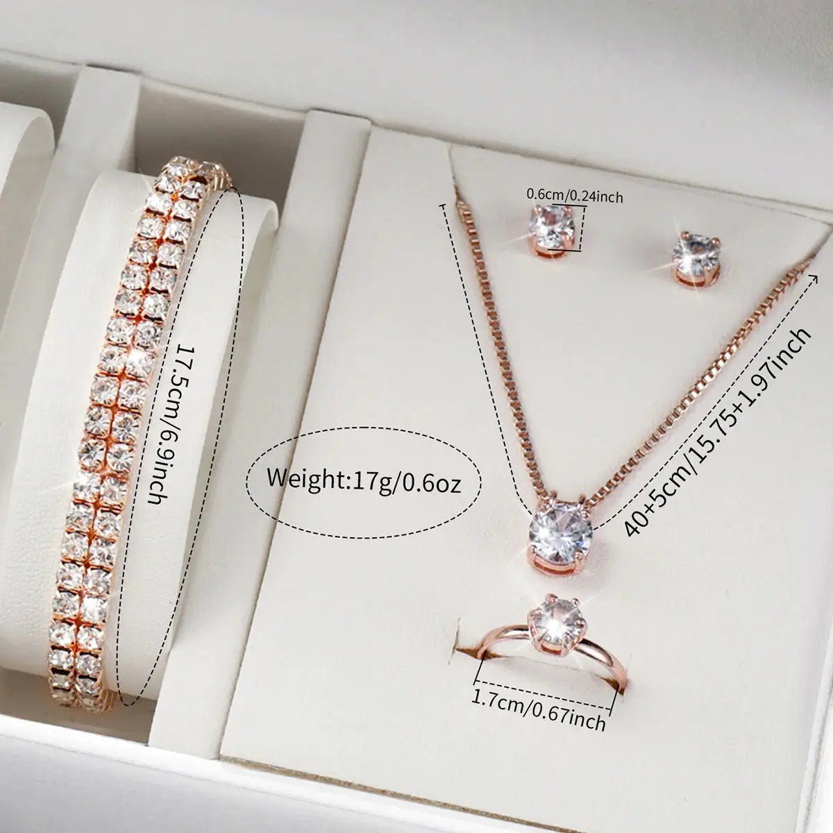 6-piece rose-gold fashion jewelry set with quartz watch, bracelet, necklace, stud earrings and ring