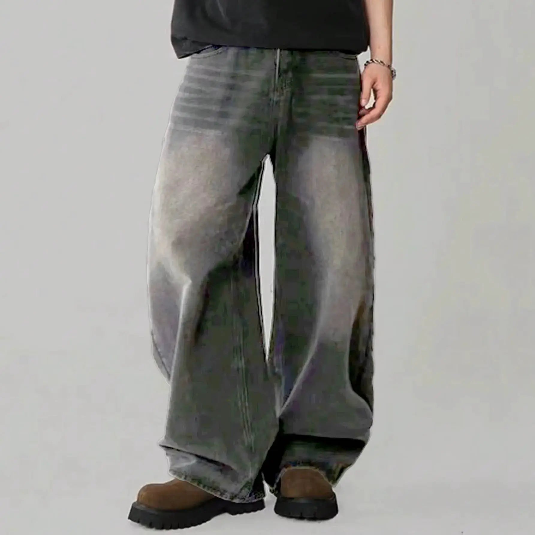 Men's baggy straight wide-leg jeans in a faded grey wash