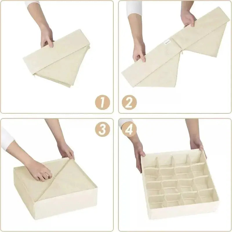 Drawer organizer with lid, beige fabric, 12-compartment underwear and sock storage box.