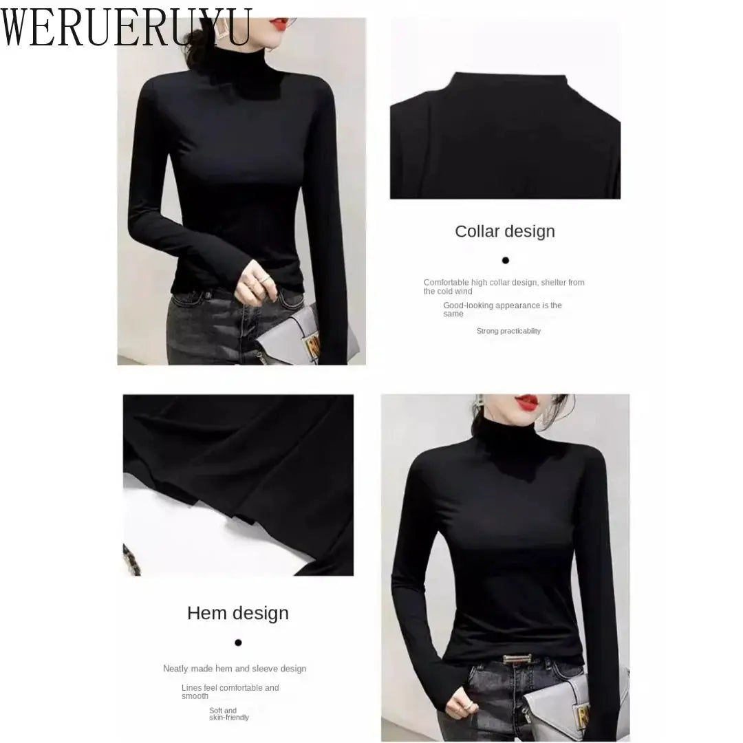 VogueWeave Black Turtleneck Long Sleeve Top for Women Y2K Modal Blend Soft Comfort Slim Fit for Autumn Winter