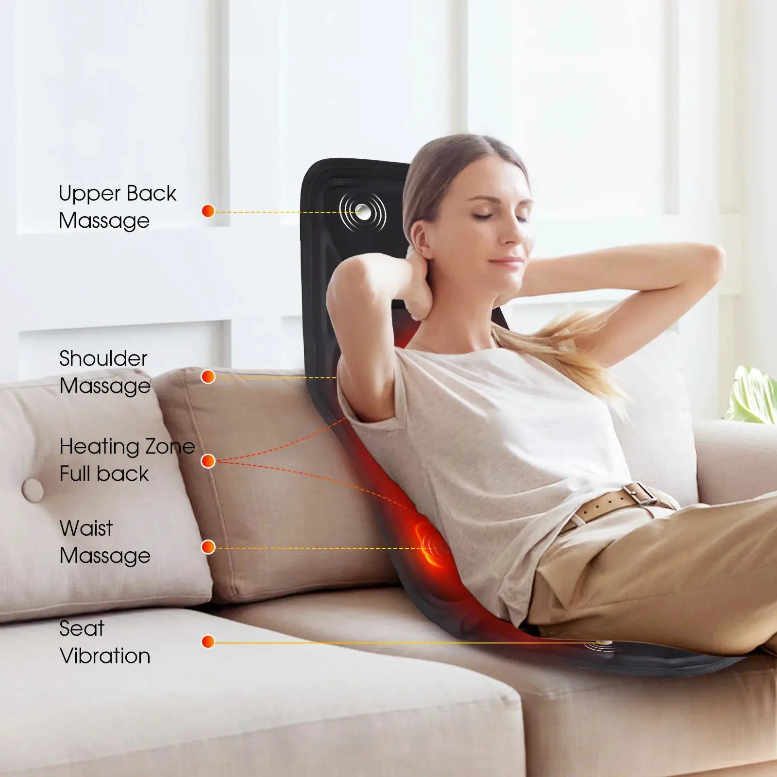 Simples Market electric back massager chair cushion with infrared heating for full-body massage on sofa, black.