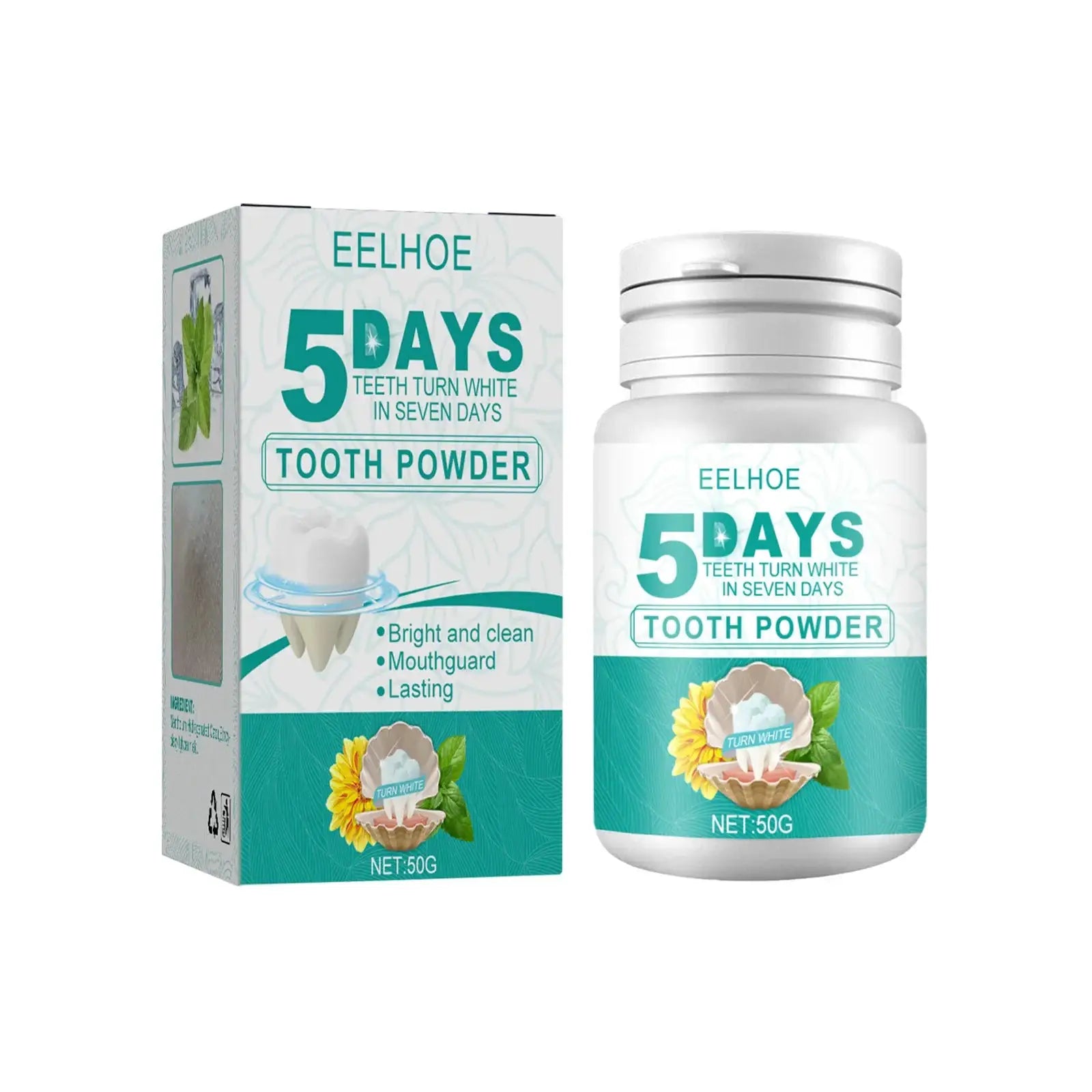 EELHOE 5 DAYS tooth powder box and bottle with turquoise label, 50g