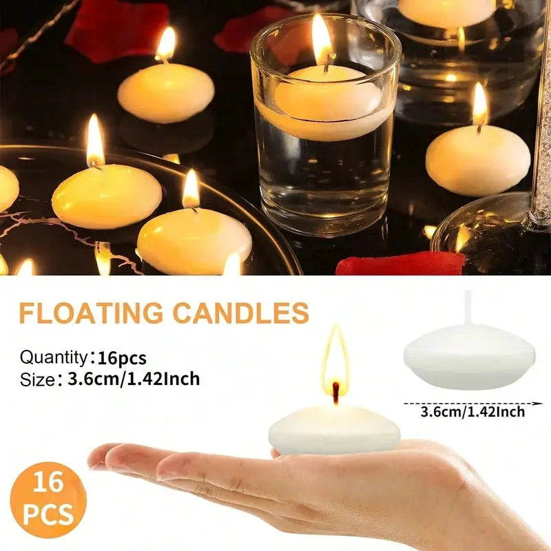 Floating Candles 16pcs by Simples Market, unscented white disc candles for romantic decor; 3.6 cm each.