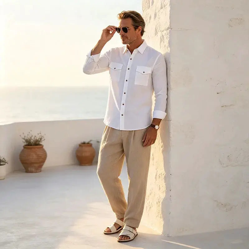 Men's long-sleeve casual shirt in white linen with double chest pockets, button-up front, soft loose fit