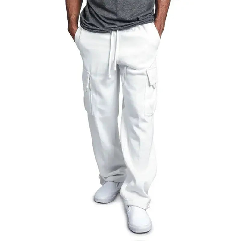 Men's cargo pants by Simples Market, white loose-fit jogger with drawstring waist and cargo pockets.
