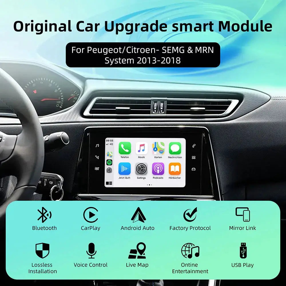 Simples Market wireless CarPlay/Android Auto module for Peugeot/Citroën 2013-2018 with in-dash touchscreen