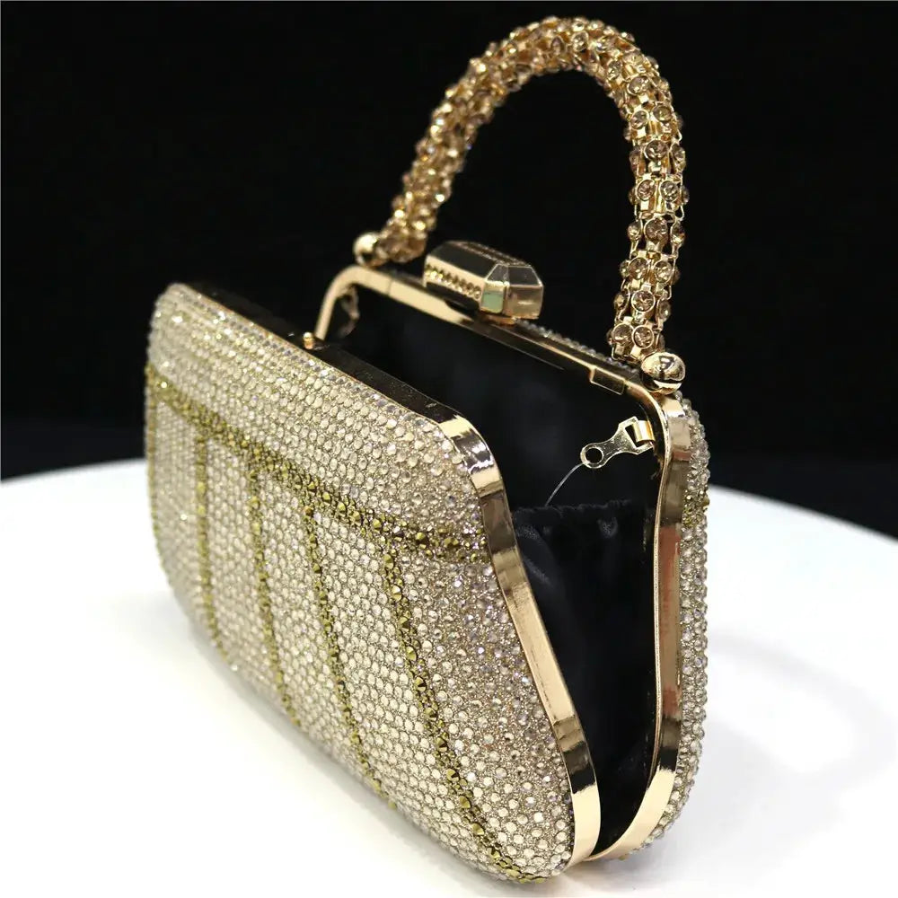 Evening clutch by Simples Market, gold-tone rhinestone-embellished handbag with diamond-design pattern and jeweled handle