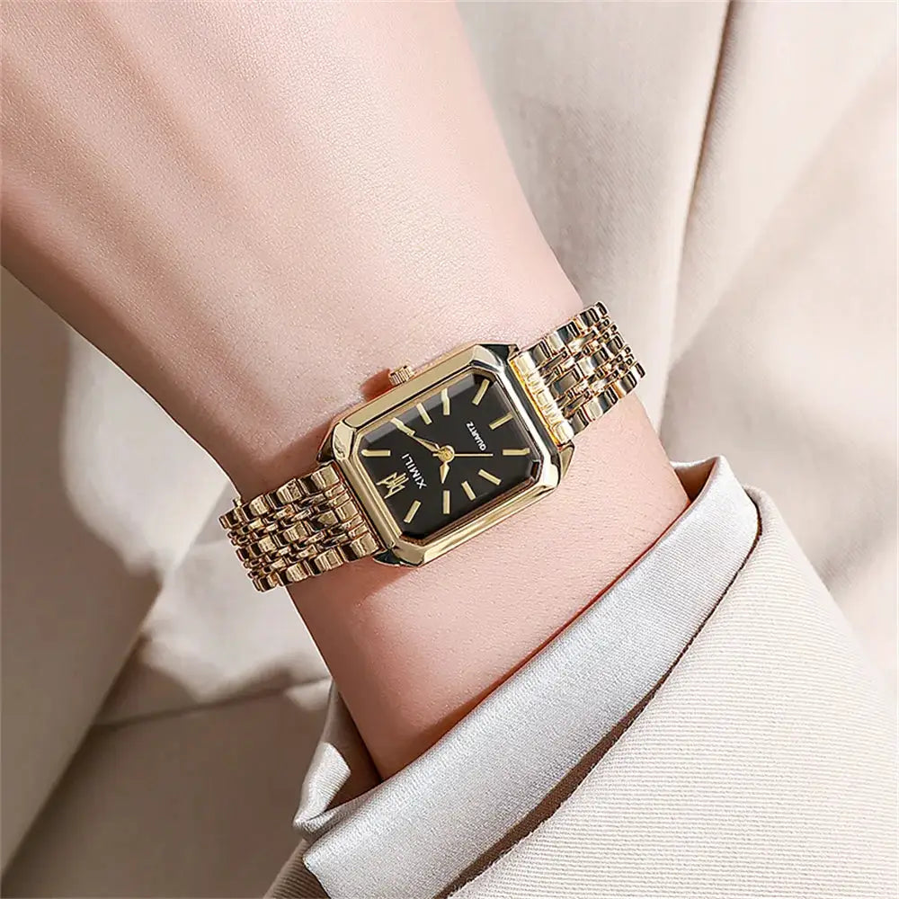 AuroraTime LuxeSquare Ladies Quartz Watch Gold Plated Stainless Steel Case Elegant Square Dial