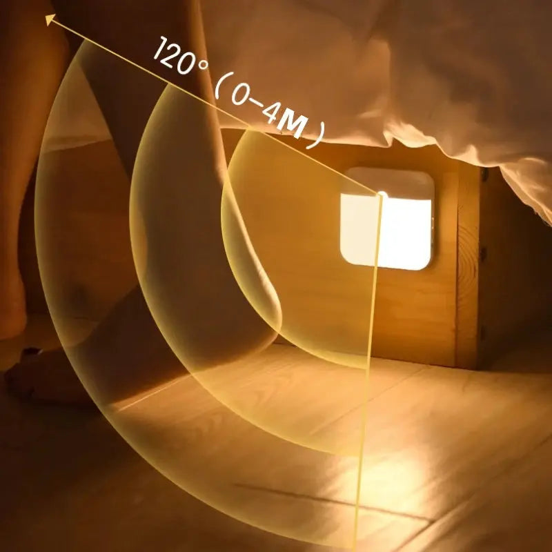 Square motion-sensor LED light with USB charging; white plastic night light for bedroom, stairs, hallway, or wardrobe