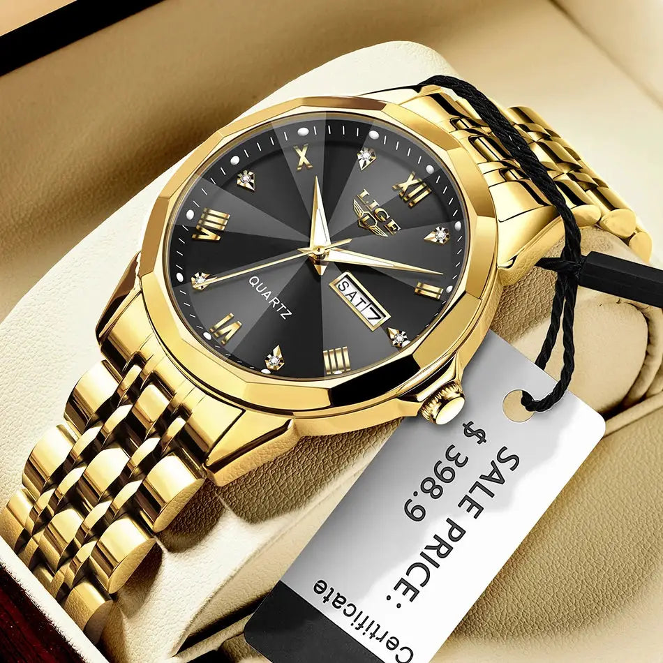 LIGE gold-tone quartz ladies' wristwatch with black dial and crystal markers.