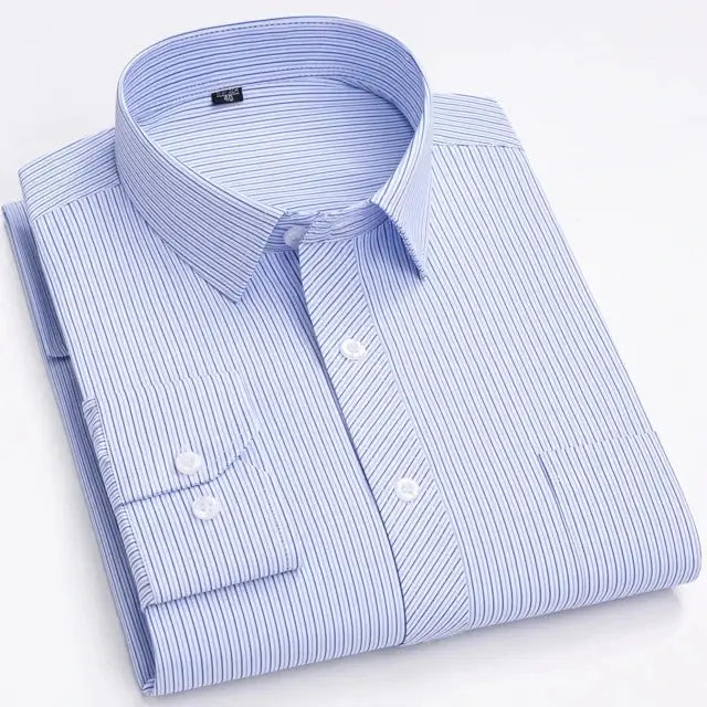 Men's long-sleeve dress shirt in light blue with thin pinstripes, single chest pocket, folded