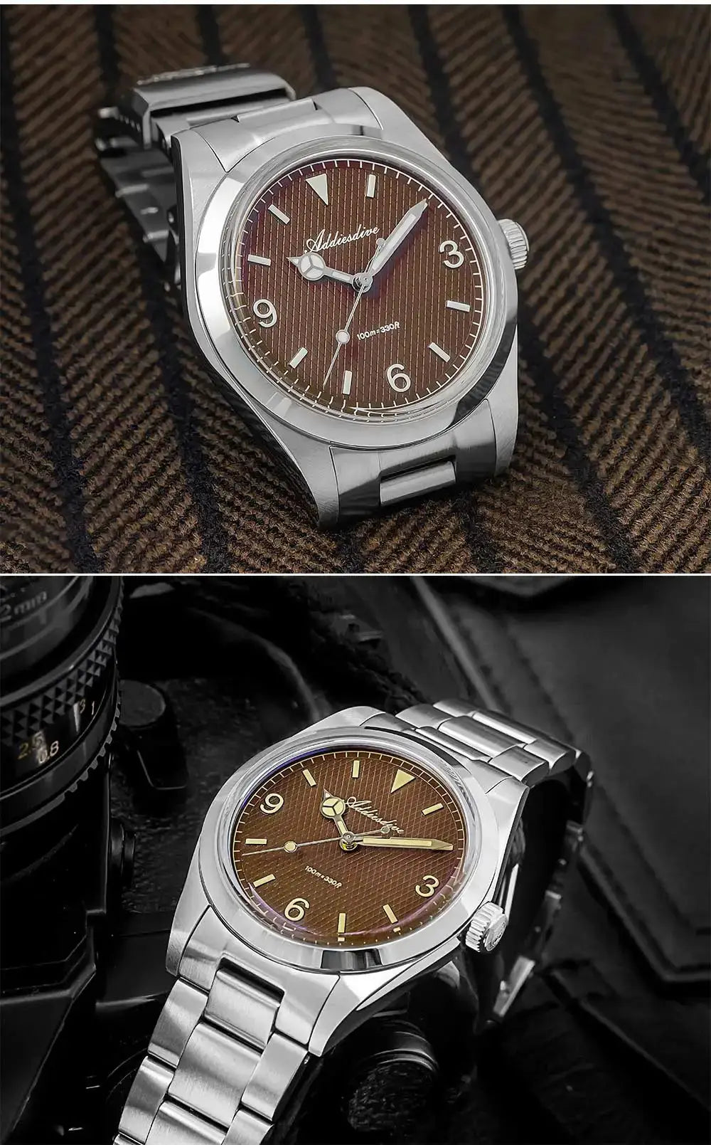 Addiesdive men's analog watch with brown striped dial and stainless steel bracelet, 100m water resistant.
