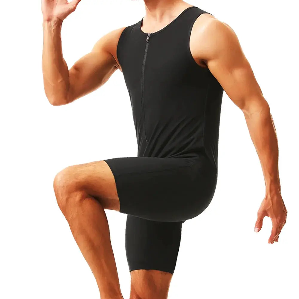 Men's black sleeveless sauna jumpsuit with front zipper, Simples Market waist trainer bodysuit