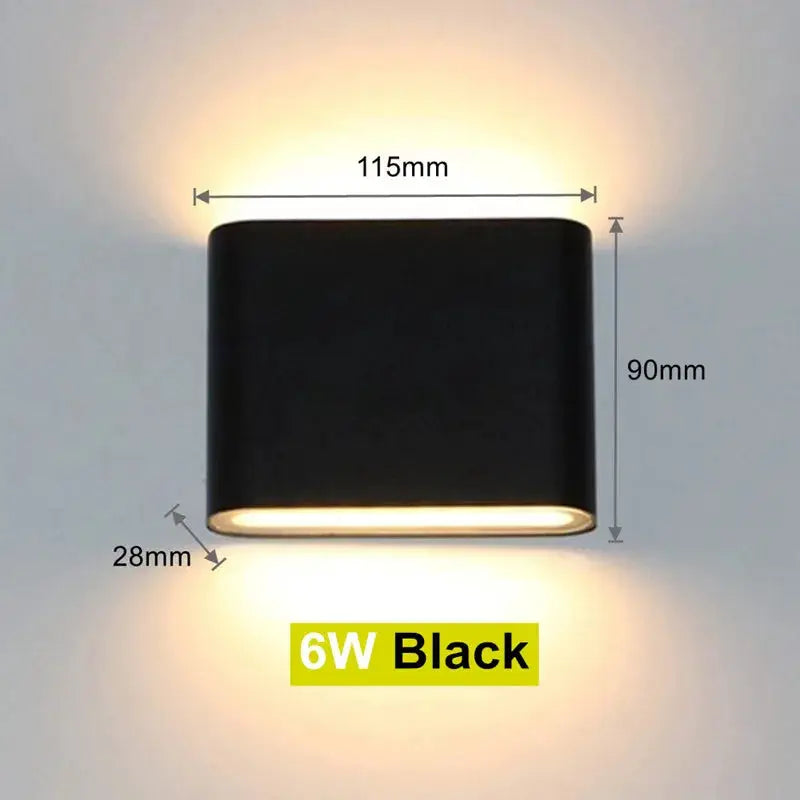 Wall light 6W black aluminum LED outdoor wall lamp, 115mm wide, 90mm high, 28mm deep.