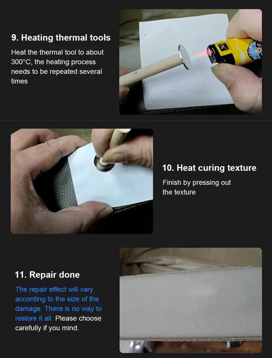 Professional Liquid Leather Repair Kit by Simples Market; instructional collage showing heating, texture curing, and repair.