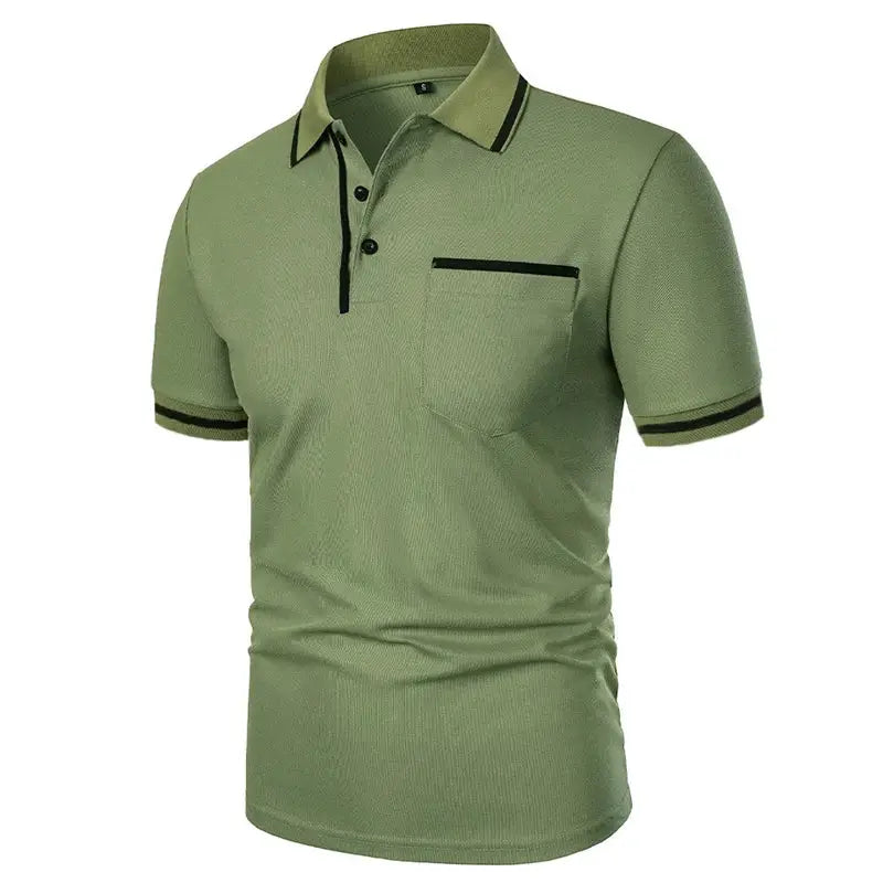 Men's short-sleeve polo shirt in olive green with black-trim collar and chest pocket.