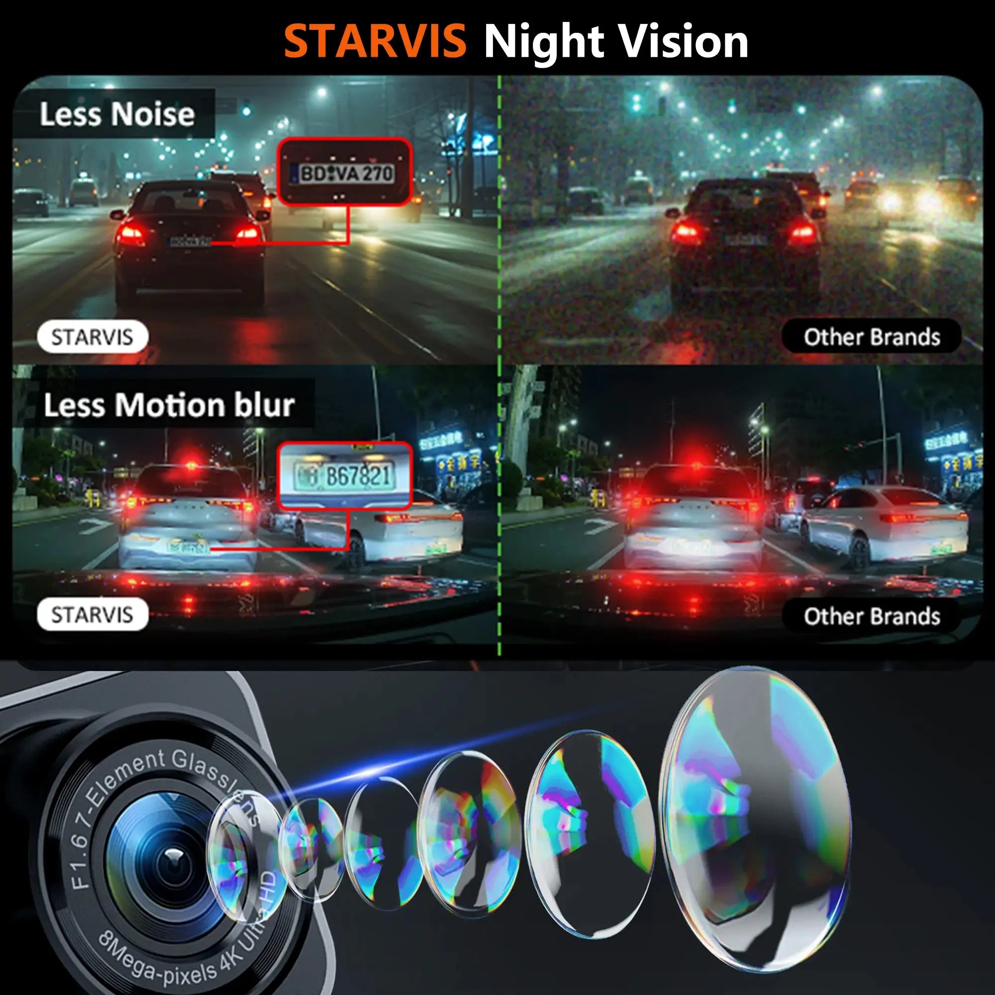 4K dash cam for cars with Starvis night vision, front and rear cameras, WiFi, black
