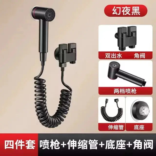 Night-black handheld bidet spray set, 4-piece by Simples Market with 2-mode spray gun and coiled hose.