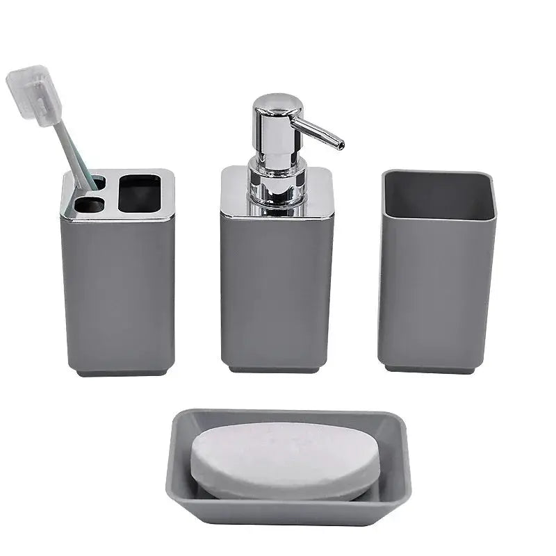8-piece gray bathroom storage set with chrome accents including soap dispenser, toothbrush cup, trash can, and soap dish