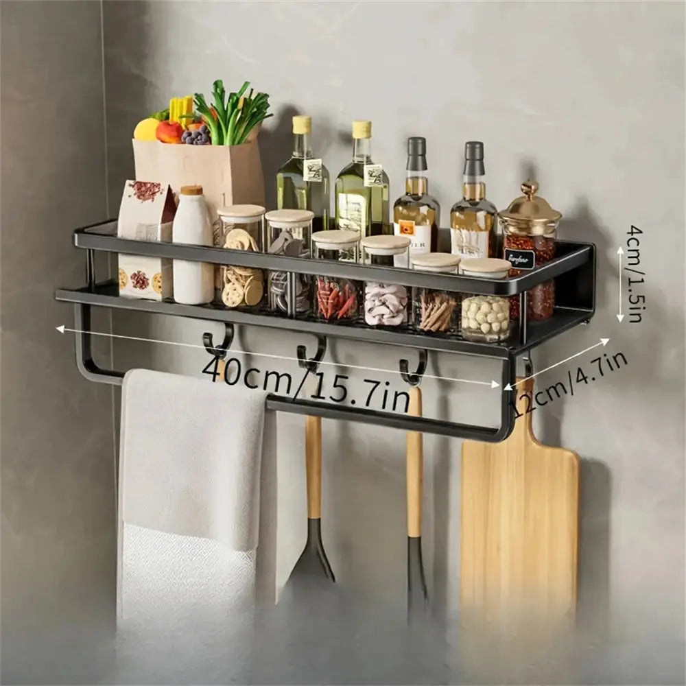 Simples Market black metal wall-mounted multi-functional seasoning rack with rod and hooks for jars and bottles and towels.