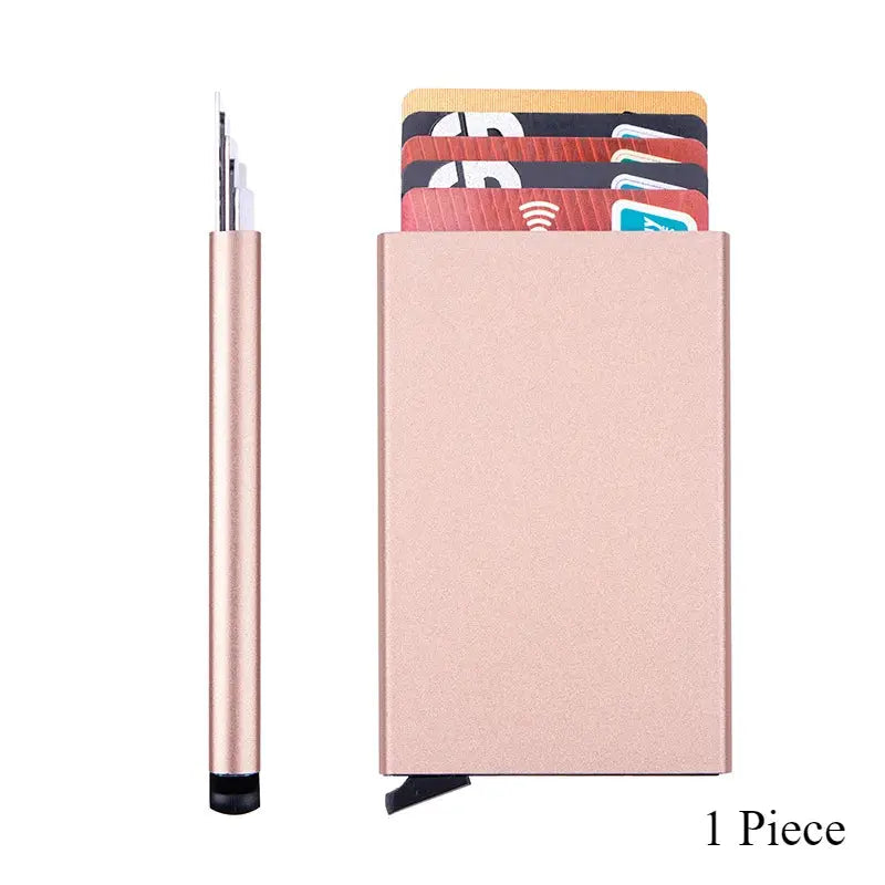 RFID metal slim wallet by Simples Market, rose-gold color with cards visible