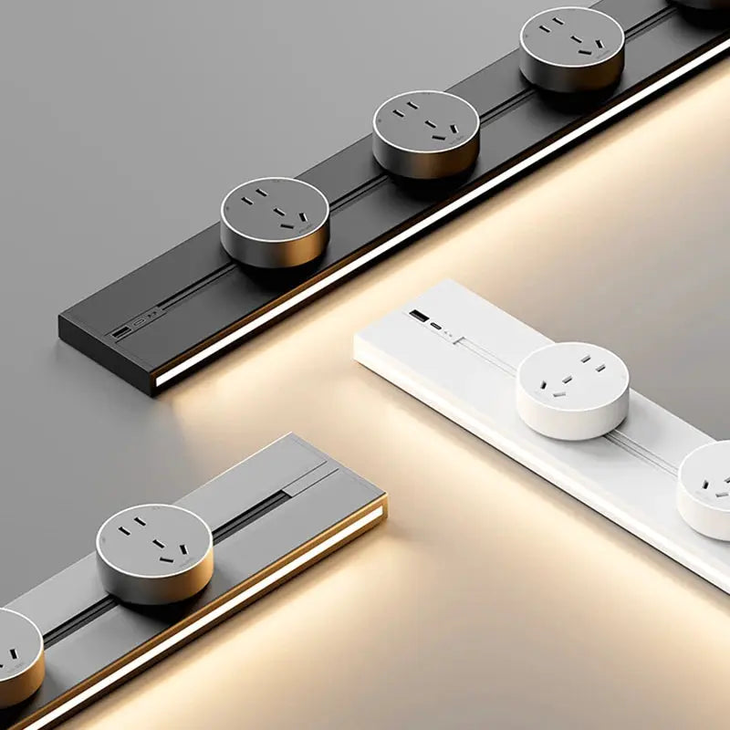 Track socket wall outlet rail by Simples Market, surface-mounted removable unit with USB-C and circular outlets.