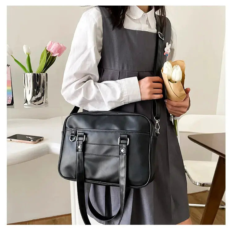 Japanese Style JK bag, black PU leather shoulder crossbody handbag for women