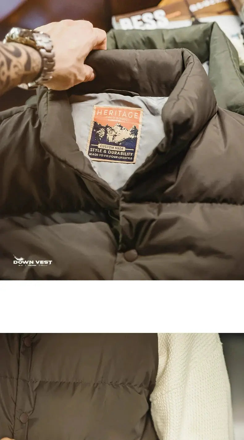 Men's brown down vest with thickened padding and stand-up collar, Heritage patch, large double-side pockets