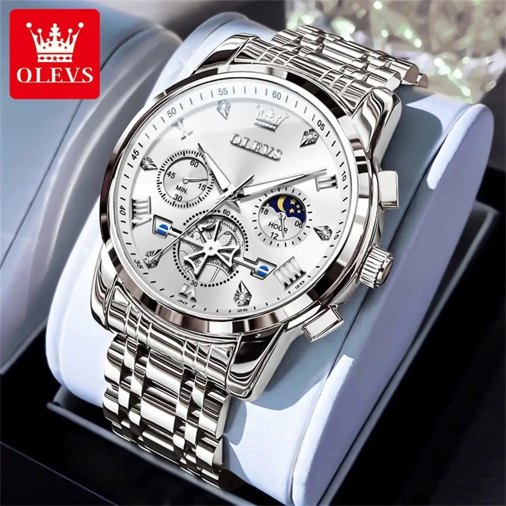 OLEVS luxury men's stainless steel wristwatch with moon phase, Roman numerals, waterproof quartz