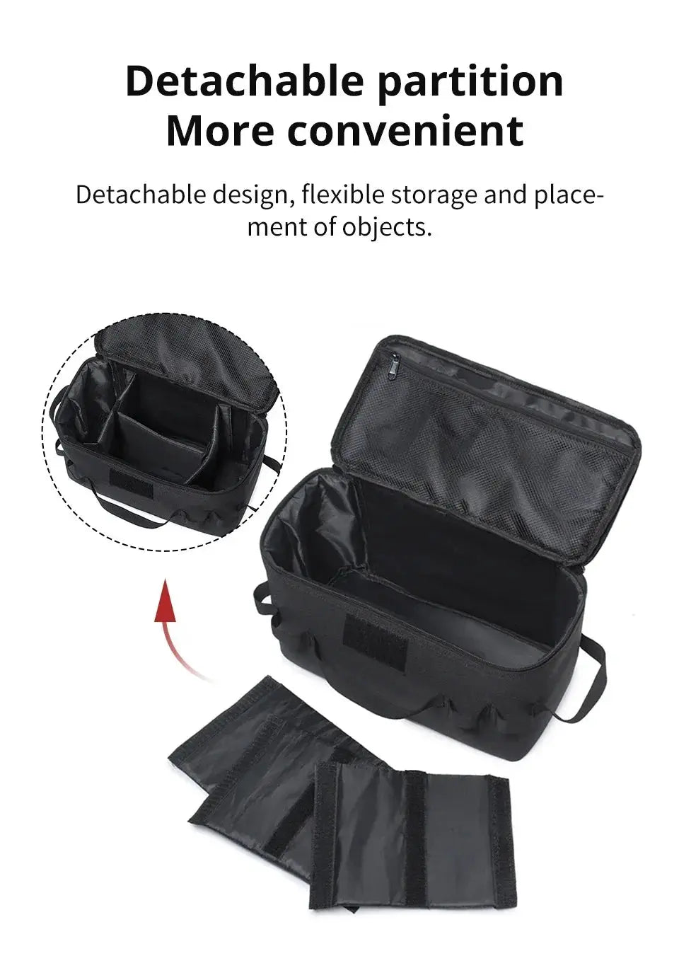 Simples Market large-capacity outdoor camping storage bag with detachable partition; black ground-nail tool organizer.