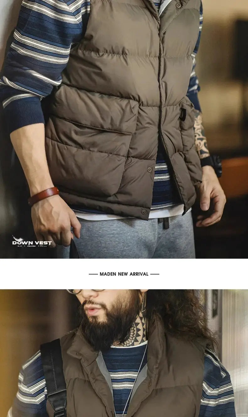 Maden Men's Down Vest by Simples Market in brown with thick quilting and double side pockets