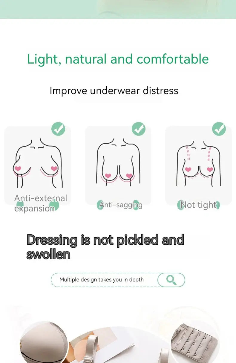 Bra product page by Simples Market featuring non-wire, large-size thin-cup design with diagrams.