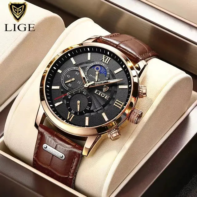 LIGE men's luxury leather quartz watch with gold-tone case, black dial and brown strap with chronograph subdials