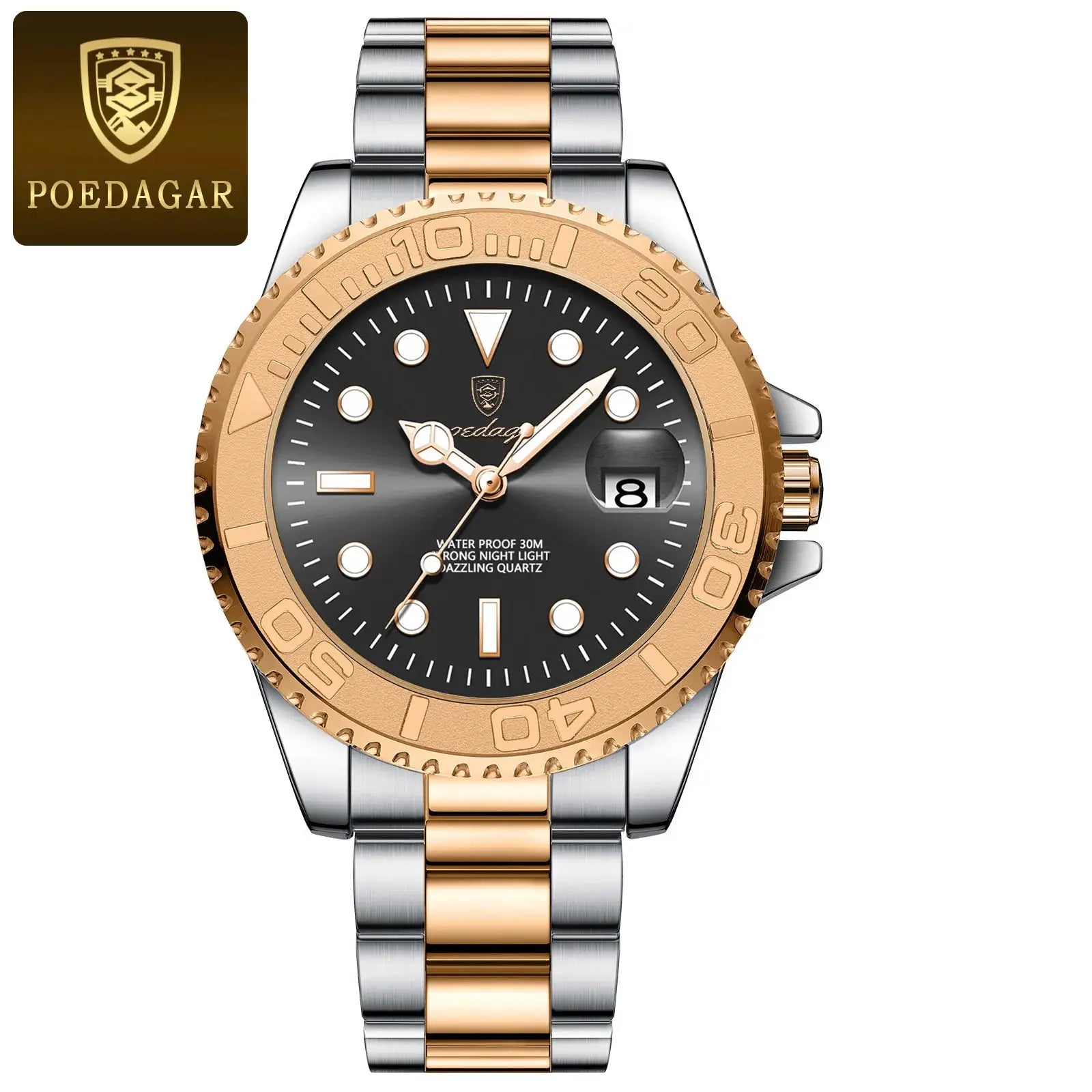 POEDAGAR two-tone stainless steel men's luxury watch with rose-gold bezel, black dial and date window