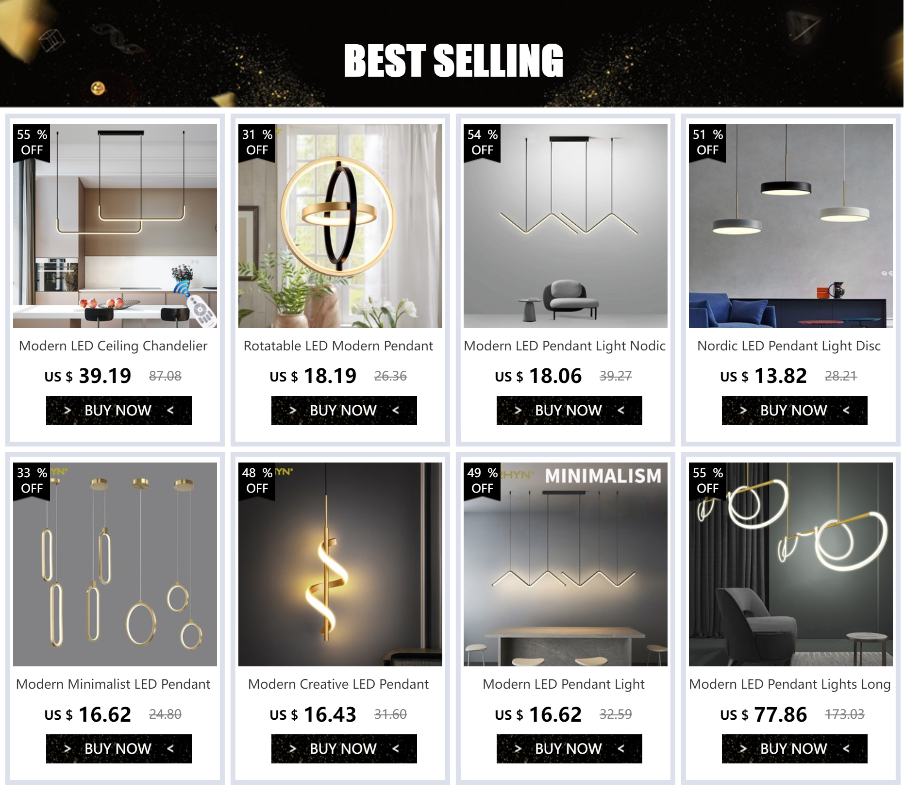 Modern minimalist LED pendant lights set of four in gold and black finishes