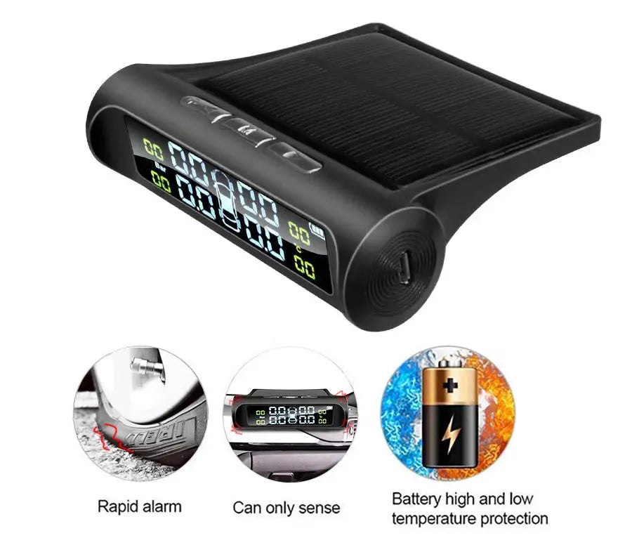 E-ACE solar-powered TPMS tire pressure alarm monitor system by Simples Market, black display unit