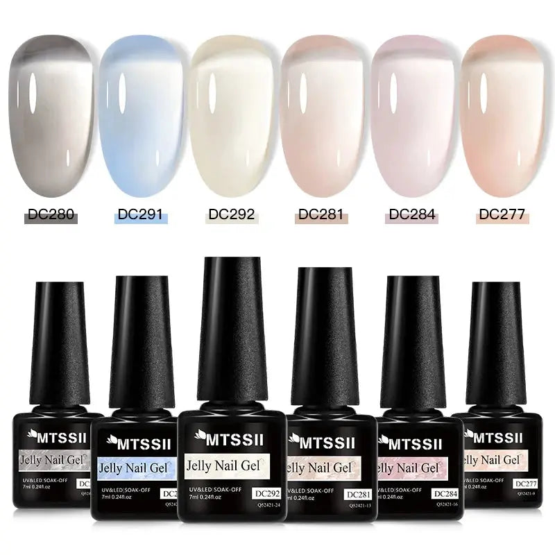 MTSSII Jelly Nail Gel 6‑Piece Set with translucent gray, blue, cream, pink and peach jelly shades