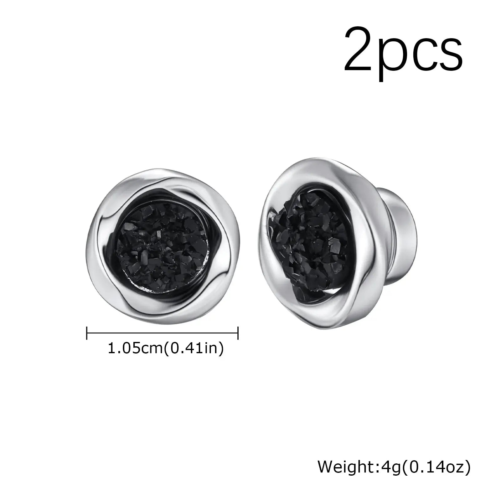 Punk round zircon magnetic ear studs, Simples Market stainless steel, silver with black druzy centers, 2pcs