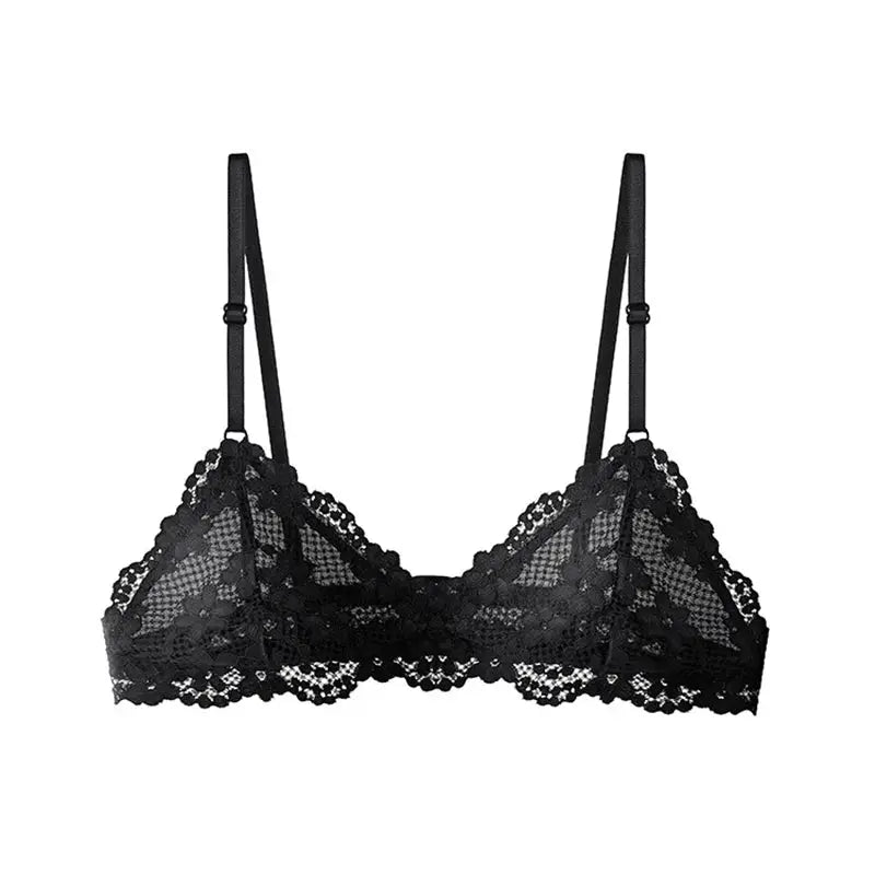 Black lace bralette with sheer mesh cups and scalloped edges, adjustable straps.